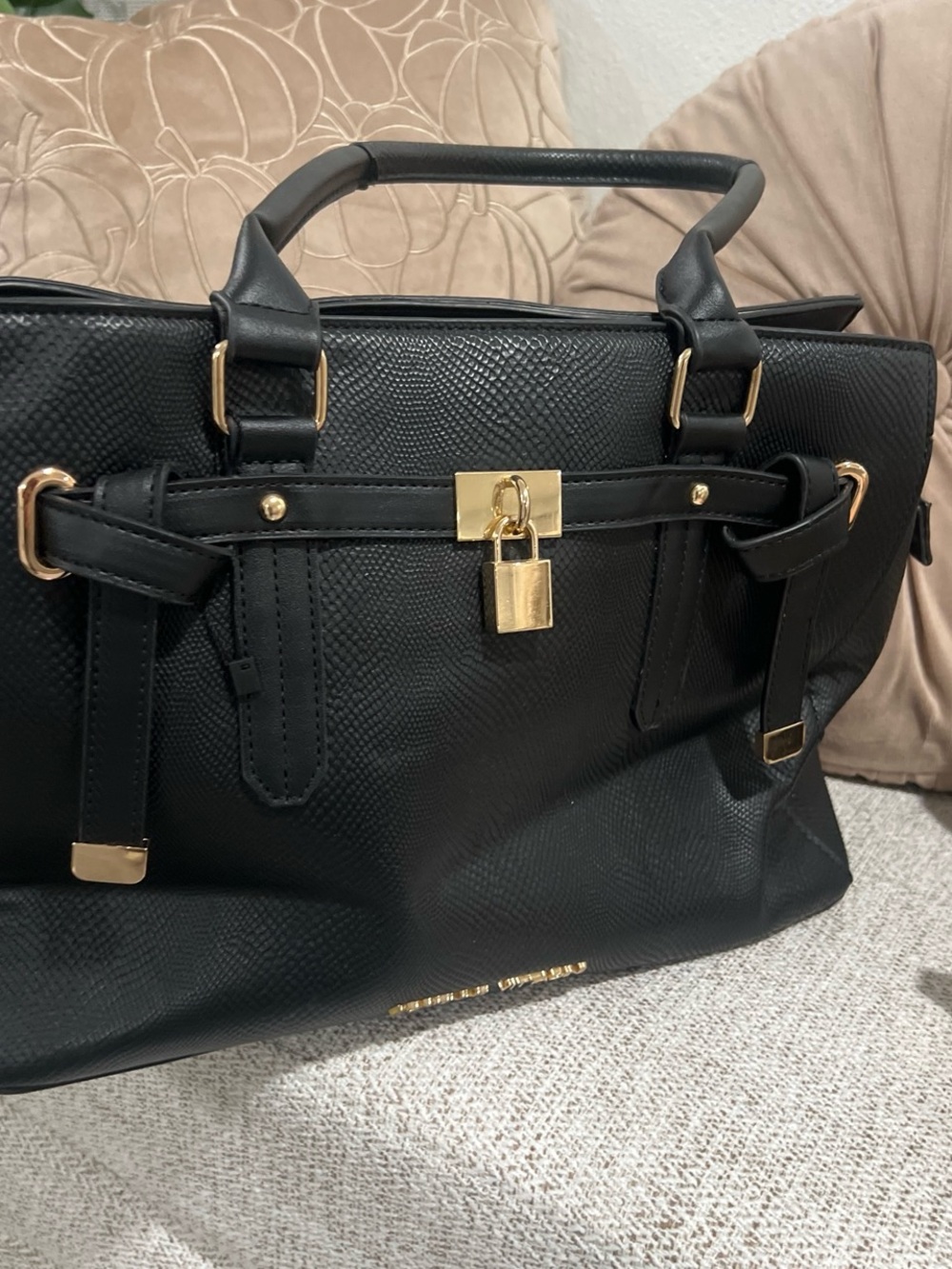 Adrienne Vittadini Black Textured Top-Handle Satchel with Gold Lock
